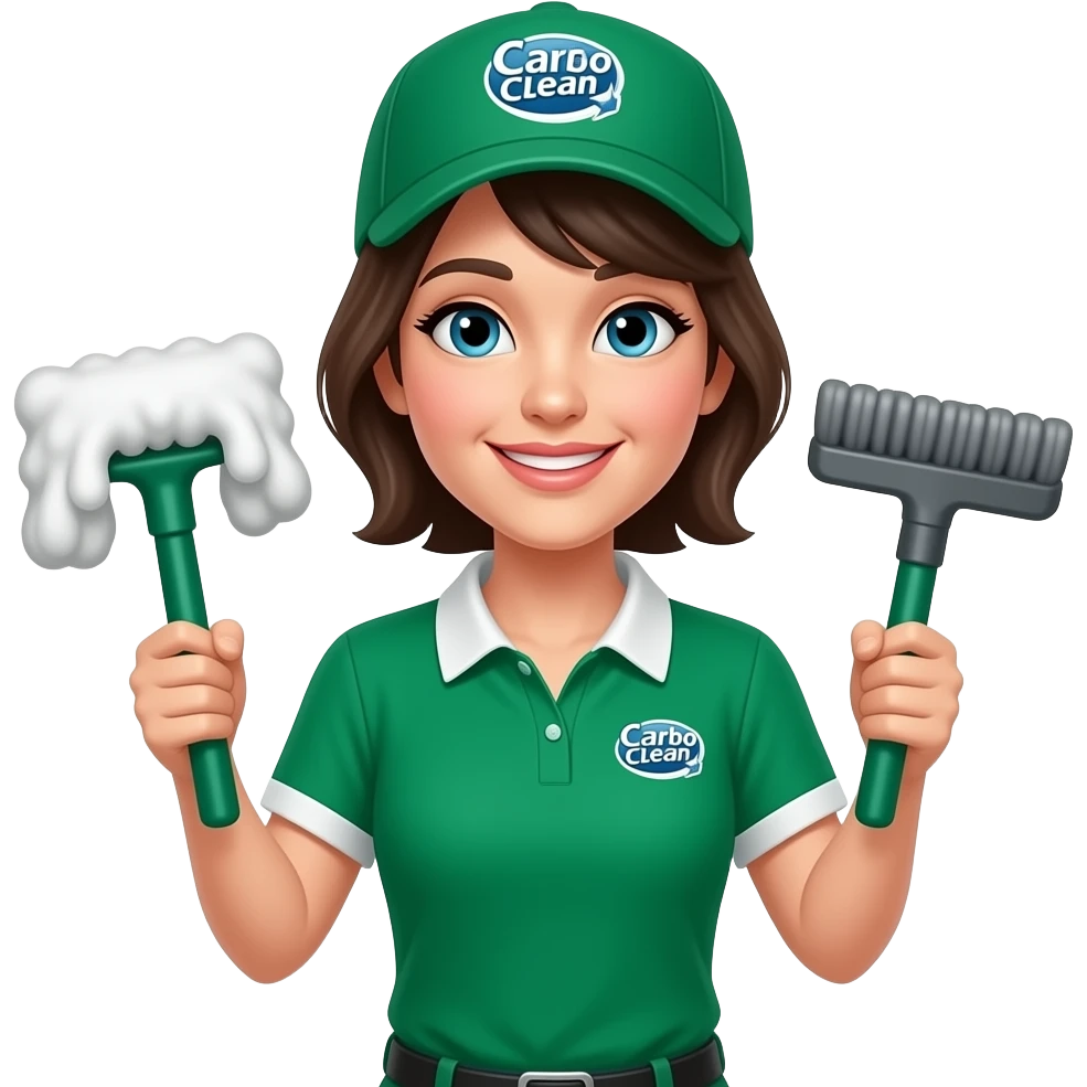 Девушка уборщица с приборами только и в форме надпись Carbo clean, одежда в зелёном цвете emoji