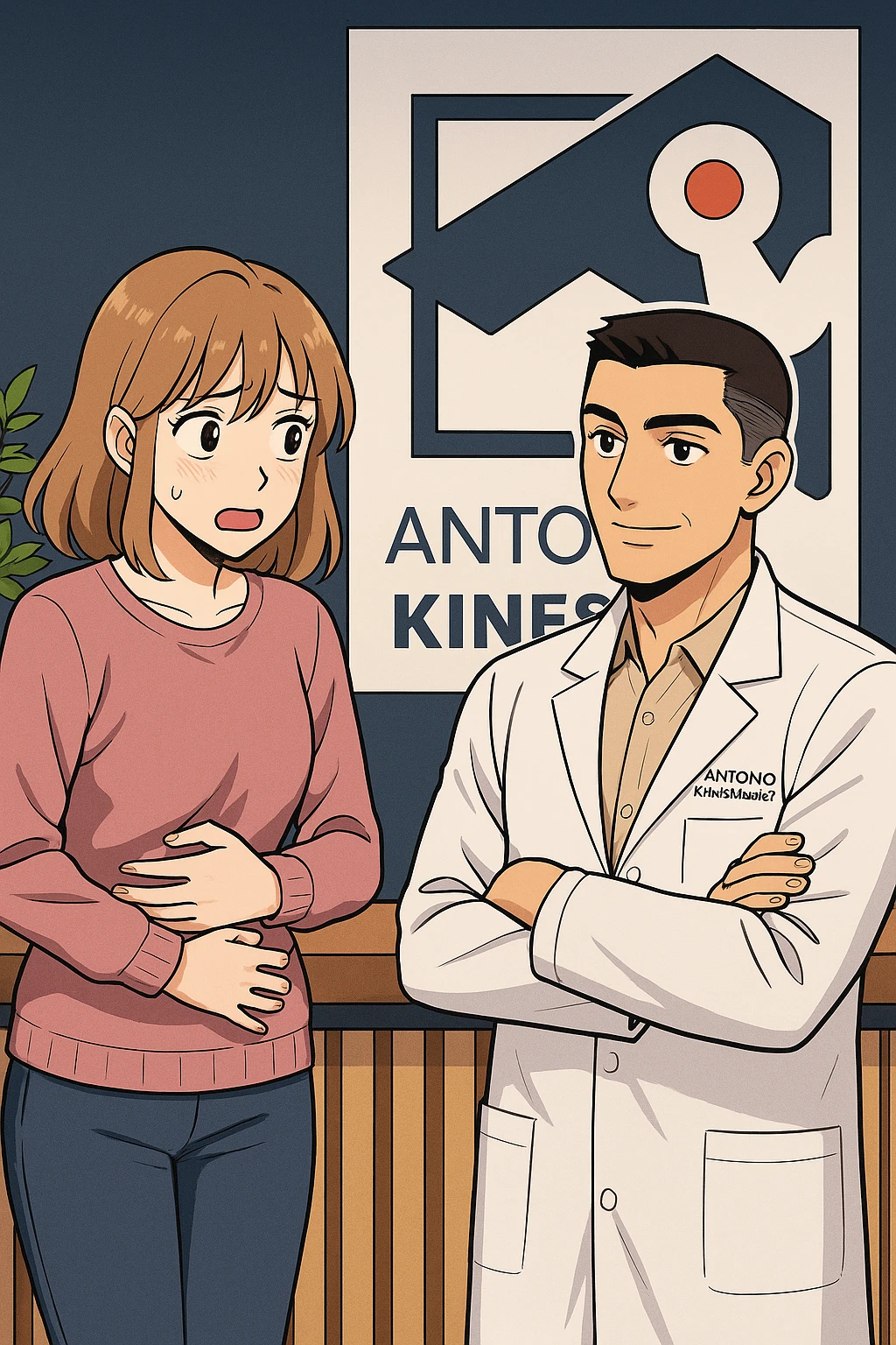 su questo stile fai un manga/webtoon a colori in cui una donna si lamenta che sta male e ha mal di pancia, l'uomo della foto in stile manga gli risponde, mantieni un ambiente simile alla foto che ho allegato con il suo logo (sarebbe il suo studio, lui è un kinesiologo), non mettere fumetti, ma fai in modo che sembri che la donna chiede una cosa e l'uomo risponde alla sua domanda emoji