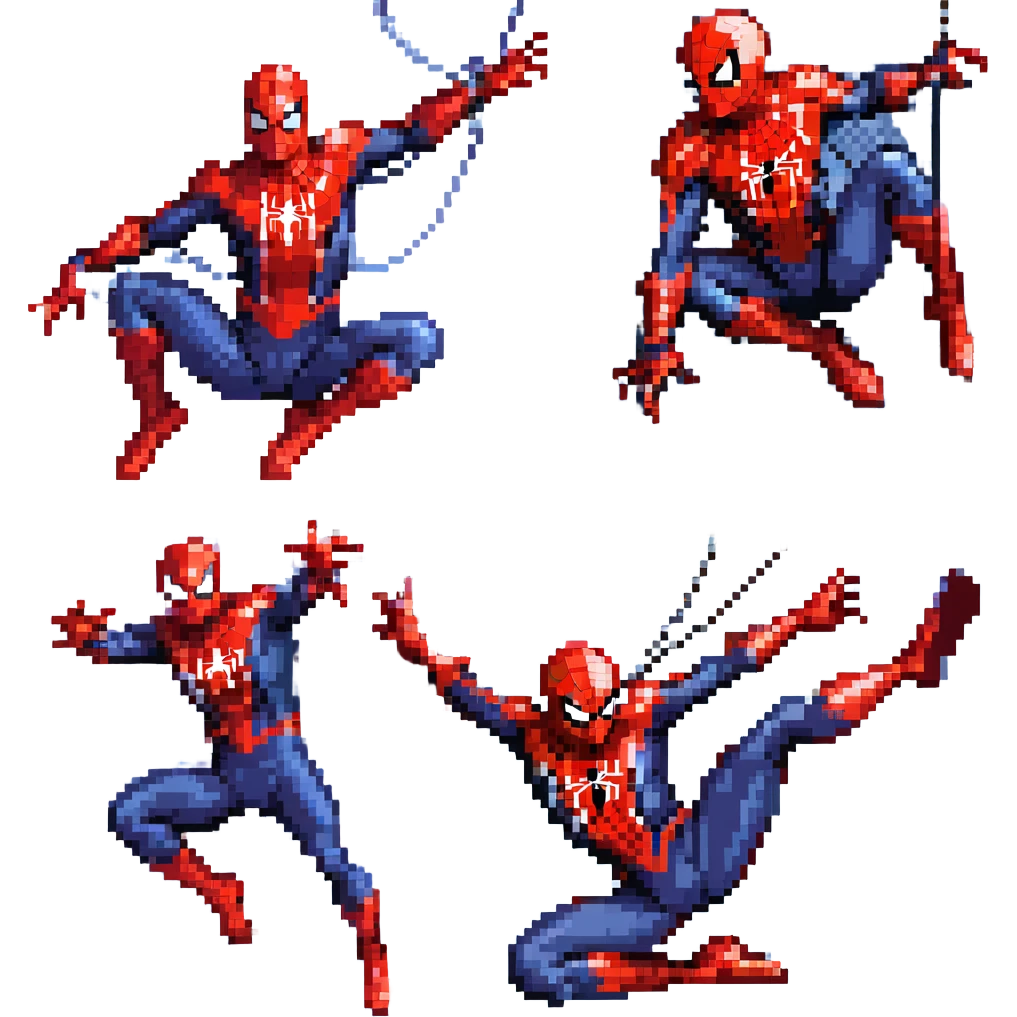 pixel art scene of three Spider-Mans fighting together inspired by 'No Way Home', Spider-Man 1 Tobey Maguire in red-blue suit web-shooter pose, Spider-Man 2 Andrew Garfield in red-blue suit agile pose, Spider-Man 3 Tom Holland in red-black suit swinging, all in dynamic action using webs emoji