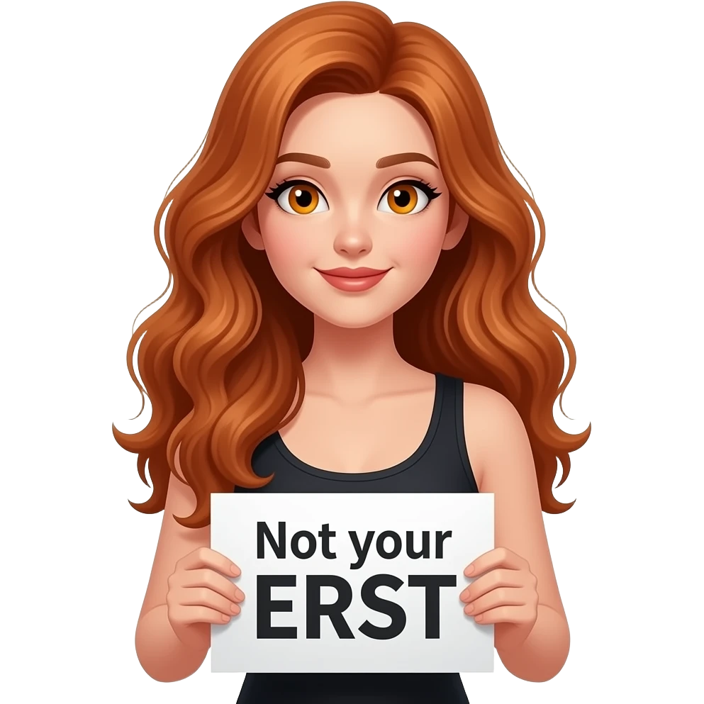sexy girl with long wavy ginger hair and ginger eyes wearing a black tanktop is holding a white colored sign with Not your ERNST written on it emoji