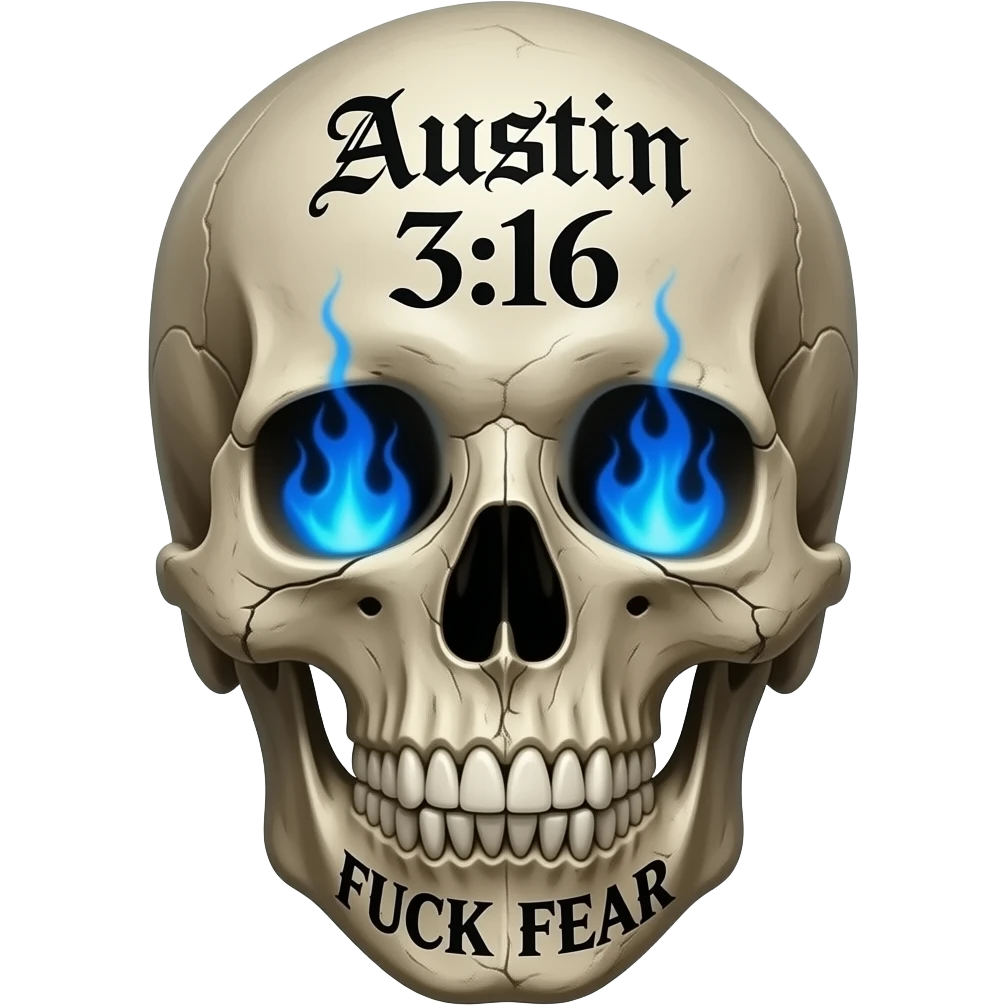 Forward facing human skull, skull pieces missing, FUCK FEAR carved on jaw, same gothic font, slightly open, teeth slightly chipped, Austin 3:16 stacked, carved in forehead, eye & nose cavity with intense blue flames, words in a BLACK GOTHIC FONT, entire skull is aged, sun dried, weathered emoji
