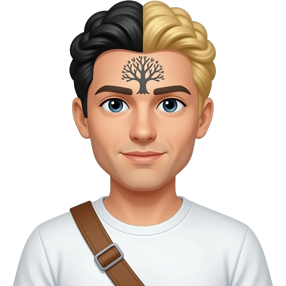 No beard brown sling half black and blonde twist hair tree on forehead white t shirt emoji