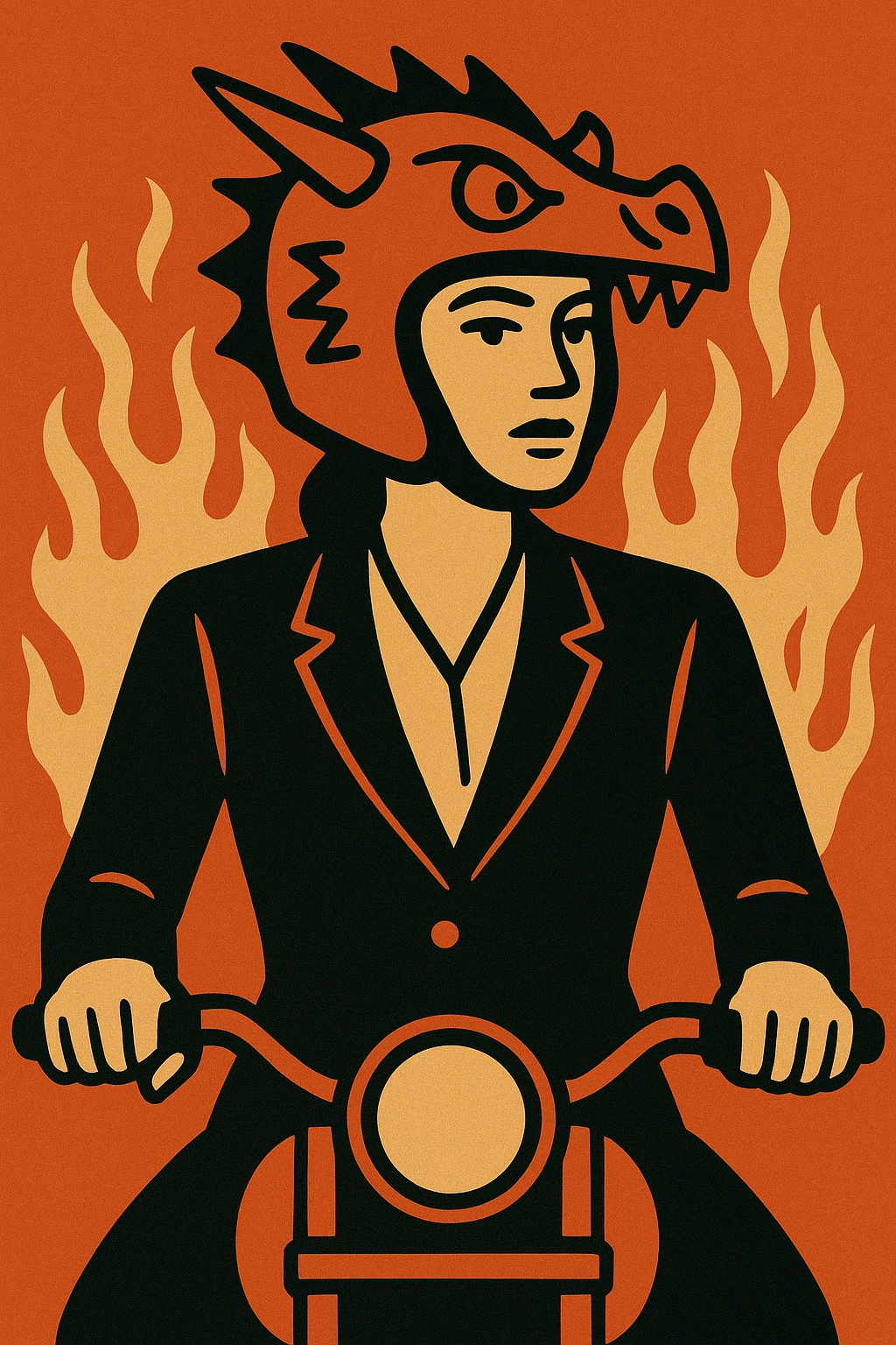 Female biker, dragon helmet, black suit, red motorcycle, dark fantasy fire background. emoji