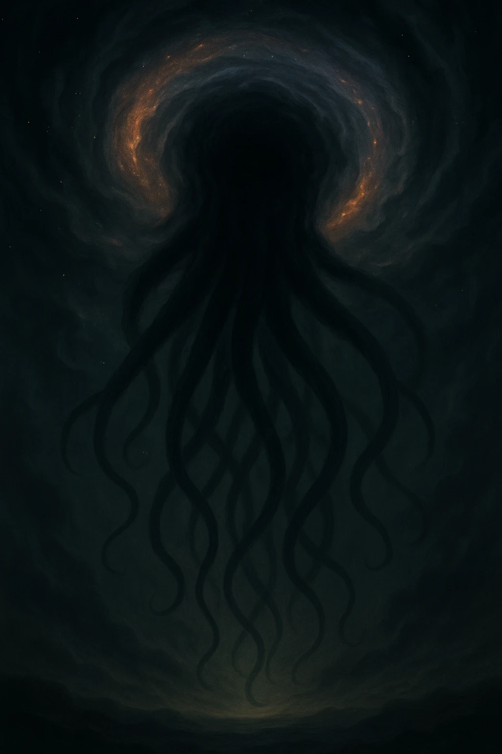 Show only the tentacles emerging from the vortex in the sky, no visible creature, cosmic horror style, dramatic lighting, swirling clouds and energy. Focus on the tentacles and the vortex atmosphere with cosmic horror elements and dramatic lighting effects. emoji