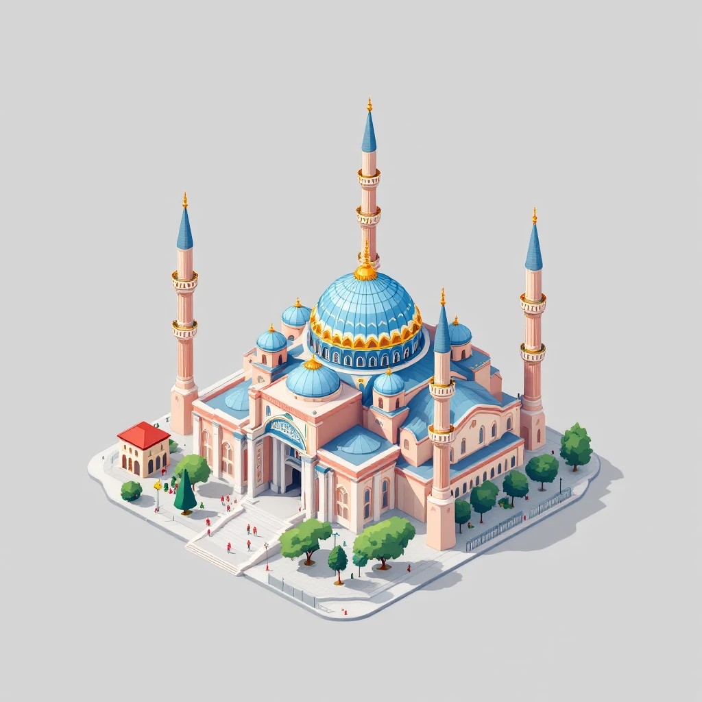 Isometric illustration of Istanbul, featuring photorealistic Hagia Sophia with with colorful onion domes, transparent background emoji