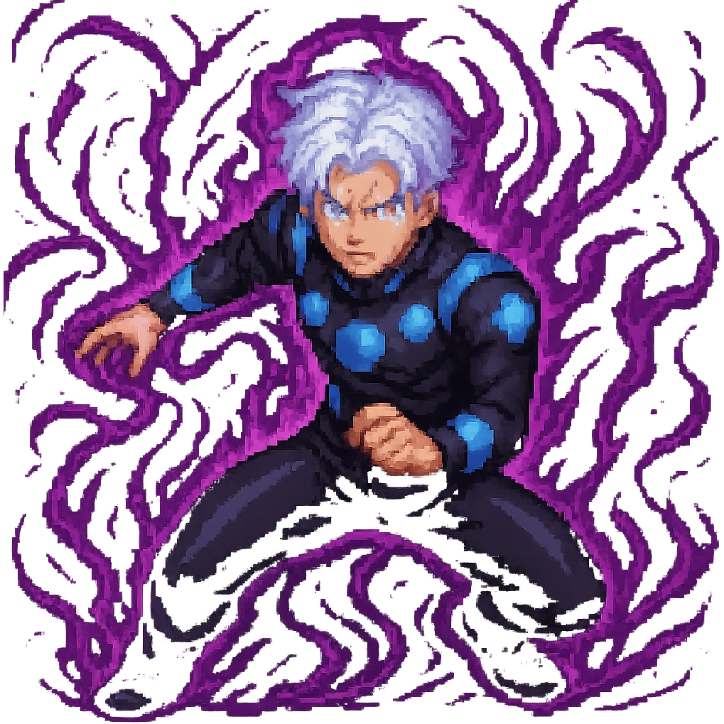 Enhance Gojo Satoru with dramatic purple energy effects in pixel art style, keeping the transparent background. The energy should be intense and dynamic, adding a powerful aura of purple energy around the character. emoji
