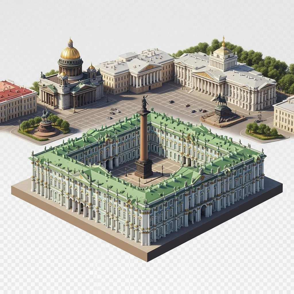 Изометрическая модель в центре композиции Зимний дворец Санкт-Петербурга с Дворцовой площадью и Александрийский столп, фотореалистичный Исаакиевский собор, памятник Петру I, Адмиралтейство, здание Сената баланс между стилизацией и реализмом, эффект рисованной миниатюры Tift shift, прозрачный фон. emoji