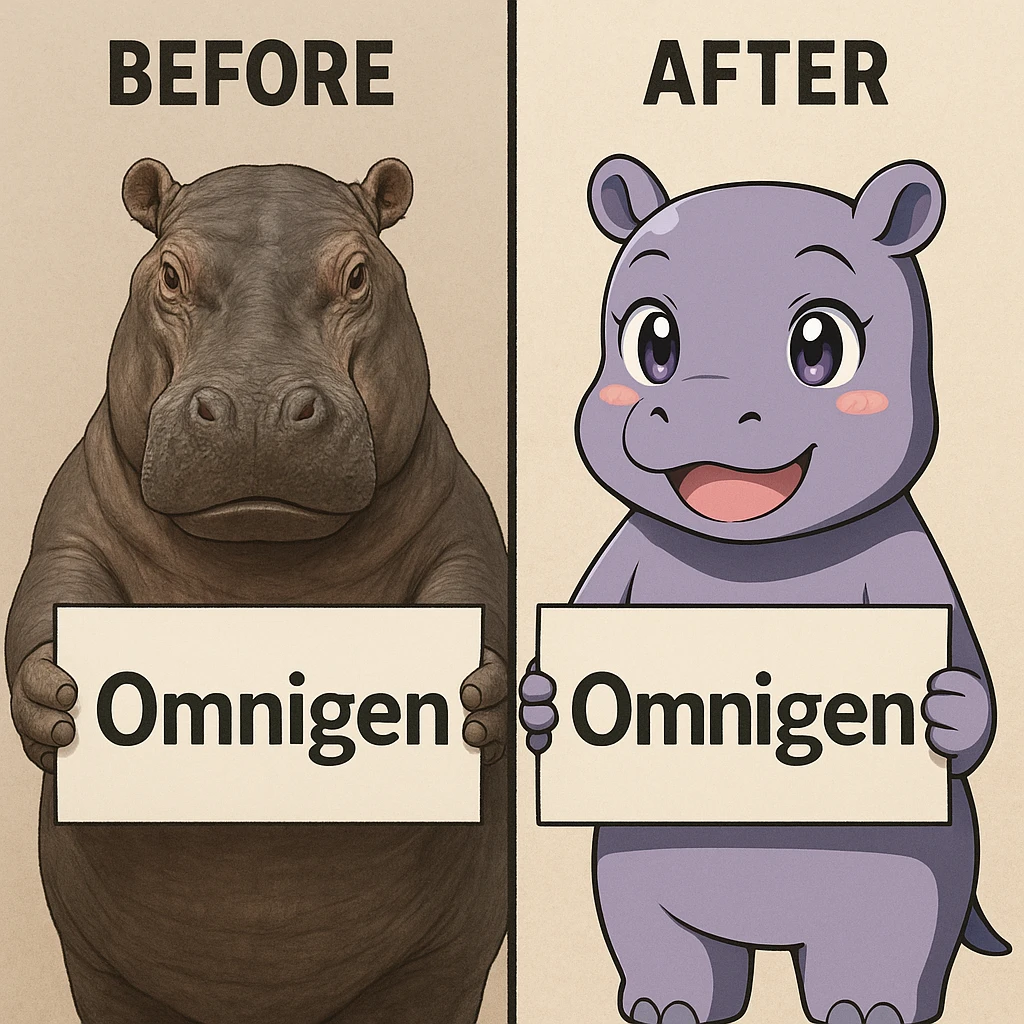 two hippo holding sign of omnigen, half picture 1 hippo is realistic another half is the anime of that same second hippo, with before after mark emoji