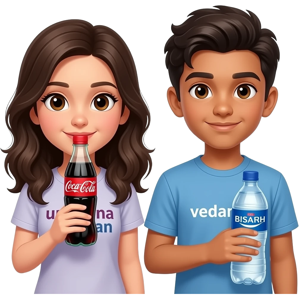 Girl holding a Coca Cola bottle in her mouth with urrvana written on her t shirt and boy holding a bisleri water bottle with vedansh written on his t shirt girls bottle should be black and red and boys should be transparent emoji
