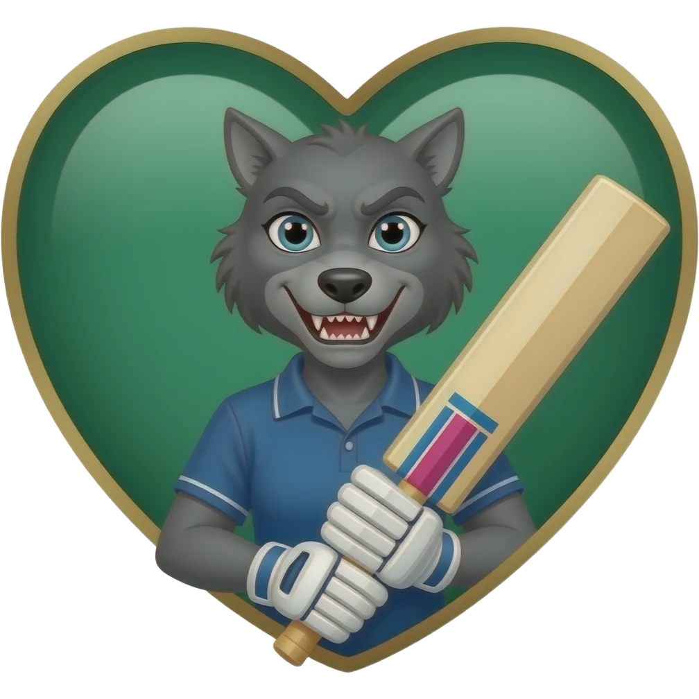 Green and gold heart background with a grey scary female adult snarling werewolf wearing cricket clothes holding a pink cricket ball and cricket bat emoji