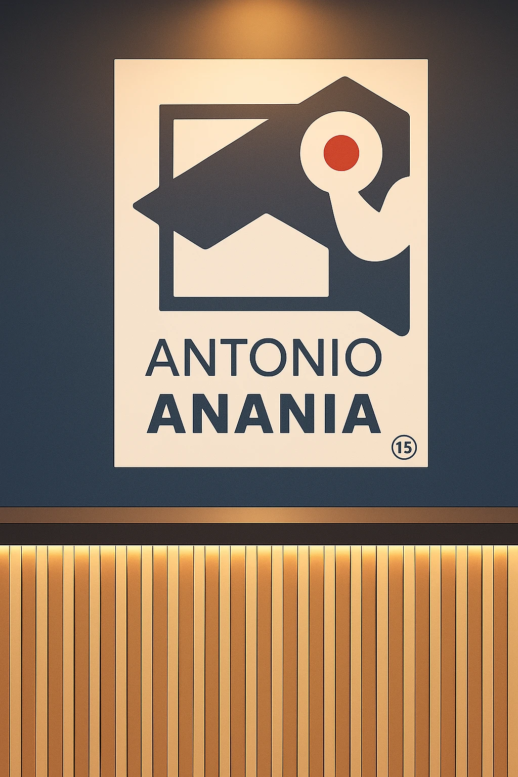 su questo stile fai un manga/webtoon a colori in cui mostri quella parete dietro dello studio con il suo logo e la scritta "ANTONIO ANANIA" SOTTO IL LOGO, LUCE CHE ILLUMINA IL LOGO emoji