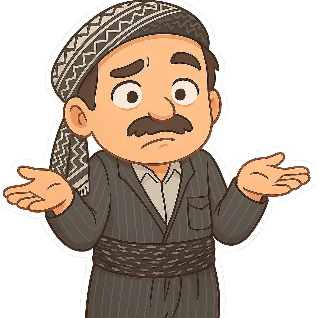 Create a colorful and cheerful cartoon sticker of a Kurdish man wearing the exact same clothes and scarf as the reference images, with no changes to the outfit or scarf. The face should have an indifferent or unsure expression with raised eyebrows and a closed or crooked mouth. Both hands are open with palms facing up, shoulders raised, and the body slightly hunched, exactly matching the pose in the reference images. The image should have no shadows or color halos around it, no text, and a completely transparent background. Suitable for WhatsApp and Instagram. emoji