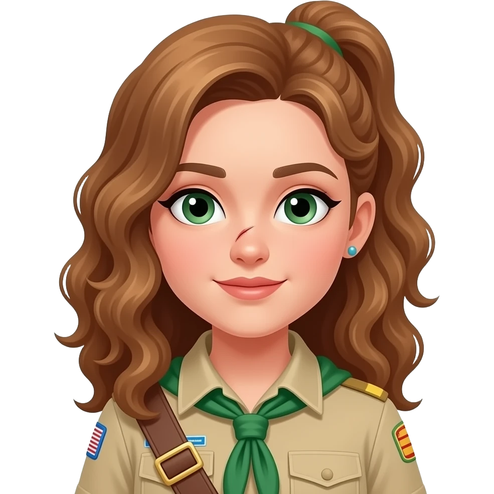 draw a girl in scout uniform with light brown ,curling , long hair and a  ponytail and green eyes and a scar on her nose she has also some earrings and the hair is flat emoji