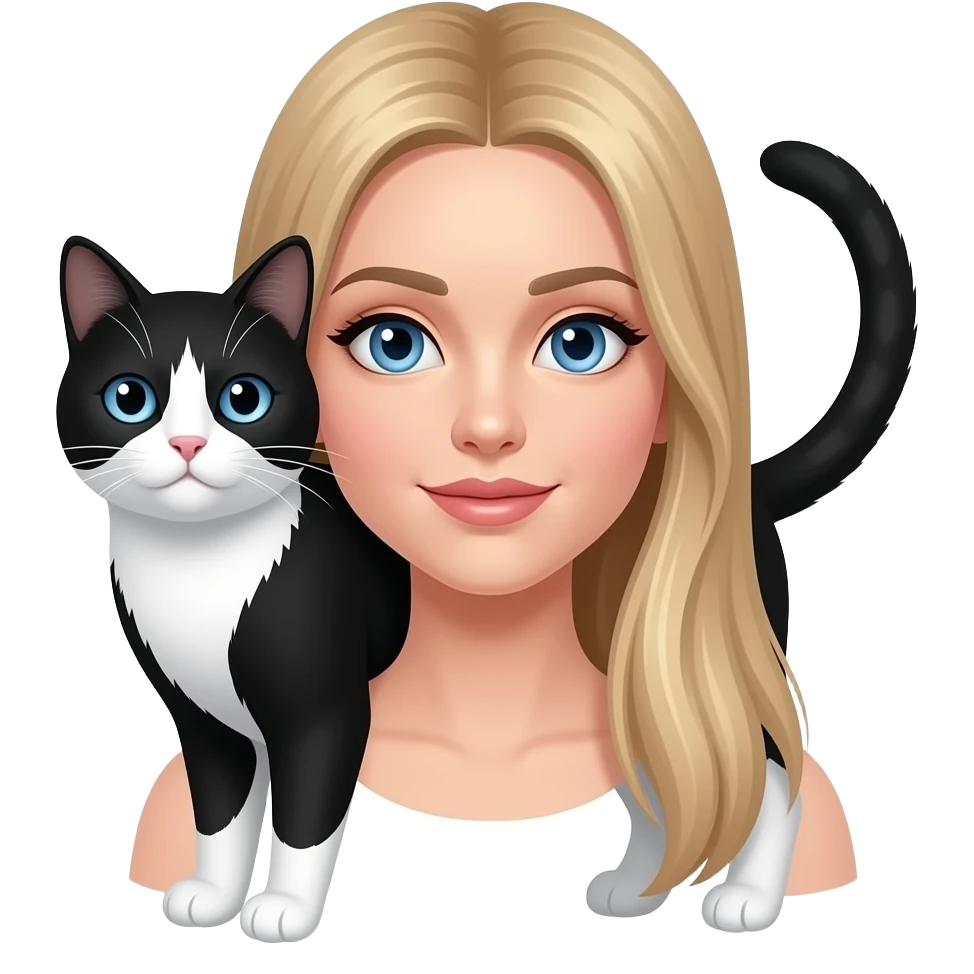 blue eye woman with long straight blond hair with black and white cat emoji