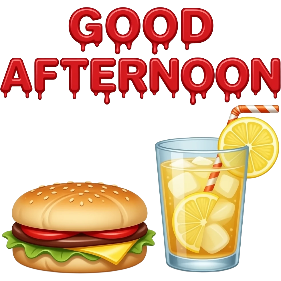 a scone and a glass of iced lemonade with a straw in it. The melting words ‘GOOD AFTERNOON’ in red over it emoji