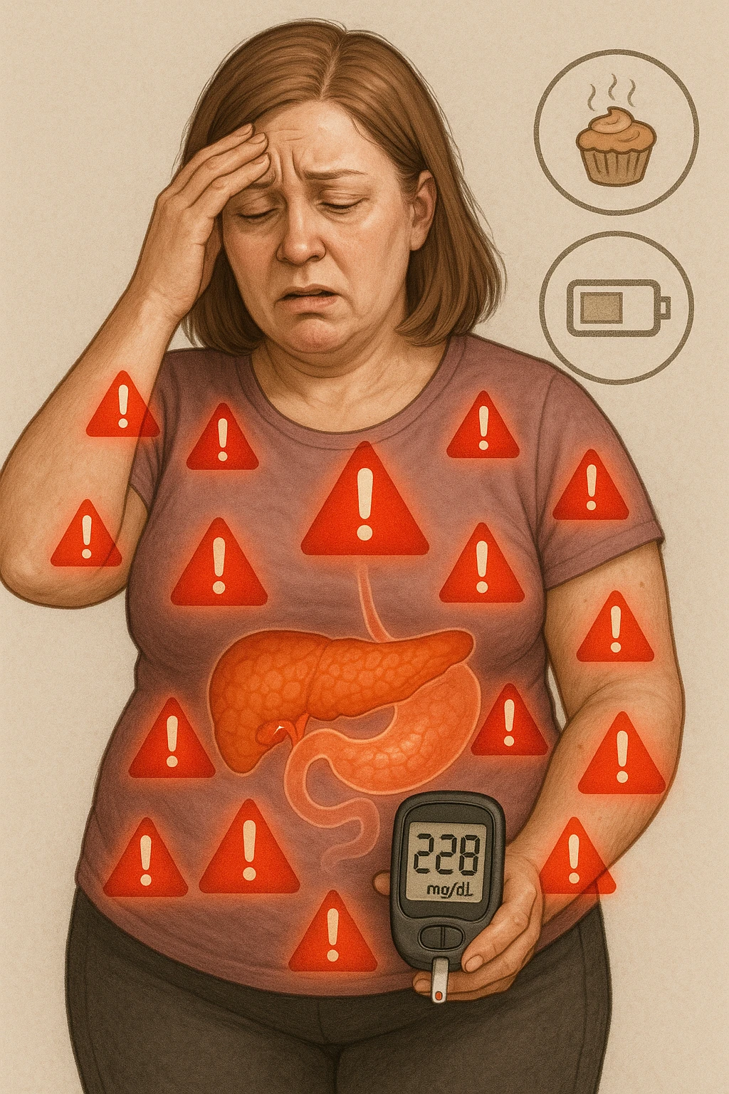 "Woman struggling with worsening insulin sensitivity, blood sugar spikes visualized as red warning signals throughout her body, expression of energy crashes and sugar cravings, pancreas working overtime shown in transparent overlay, pre-diabetic progression despite dietary efforts, metabolic syndrome symptoms accumulating, glucose meter showing increasingly concerning readings" scritte in italiano emoji