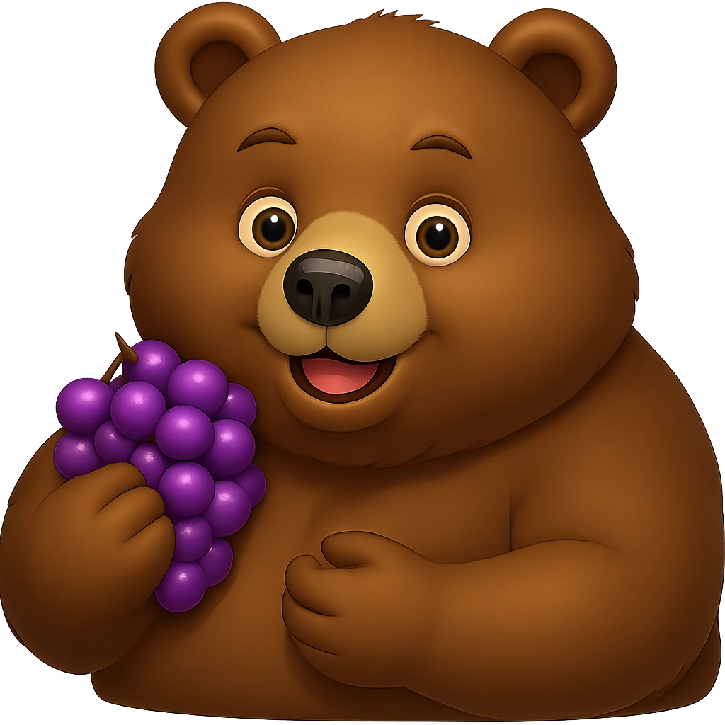 Make the grapes purple and the bear more chunky, keep no background. The style should be consistent with the original image's look. emoji