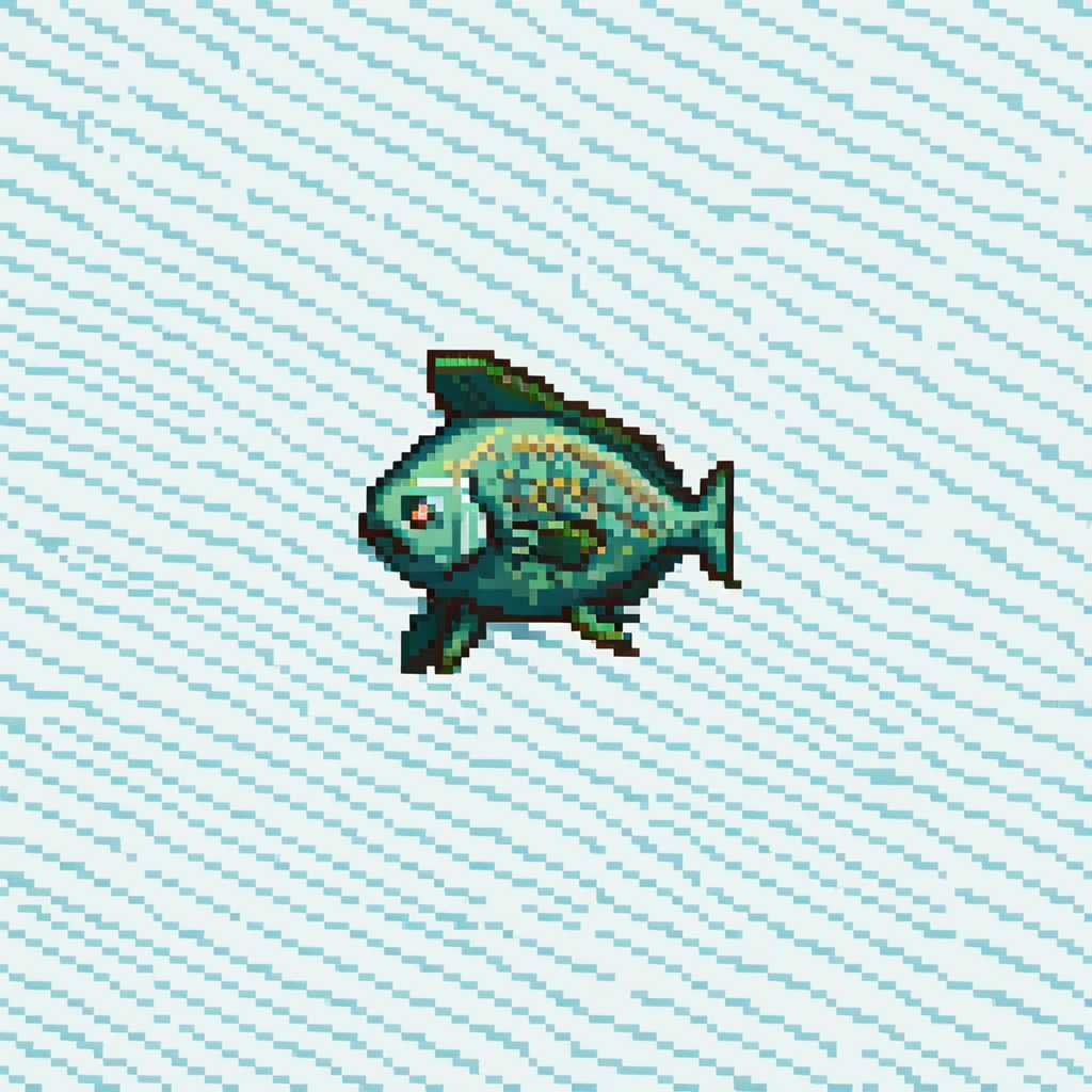 Minecraft cod fish item texture, eye pointing down-left at 45-degree angle, simple square texture, pixel art style emoji