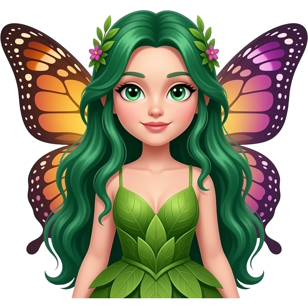 An elegant garden fairy with long flowing emerald-green hair, luminous green eyes, delicate butterfly wings in warm amber and deep violet, and a refined leaf-inspired dress, rendered in a sophisticated botanical fantasy style. emoji