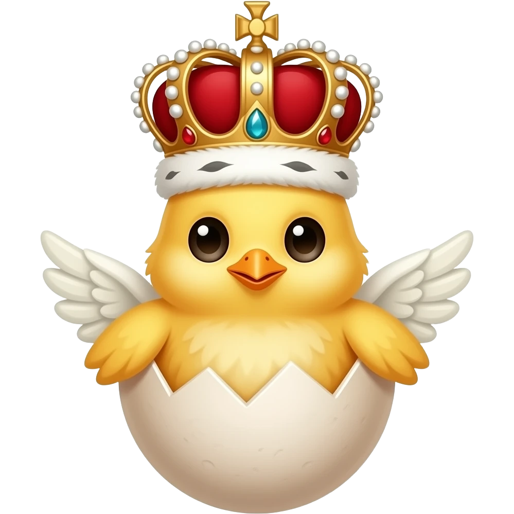 Hatched chick emoji coming out of an egg with small wings for arms and a red-jewel-embedded queen's crown on top - anime style emoji