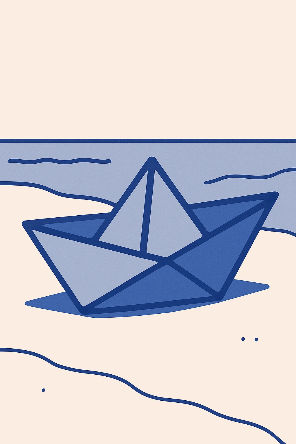 Un papirolo (barco de papel) en la orilla del mar, estilo minimalista, colores suaves, fondo simple de arena y agua, sin detalles extra. emoji