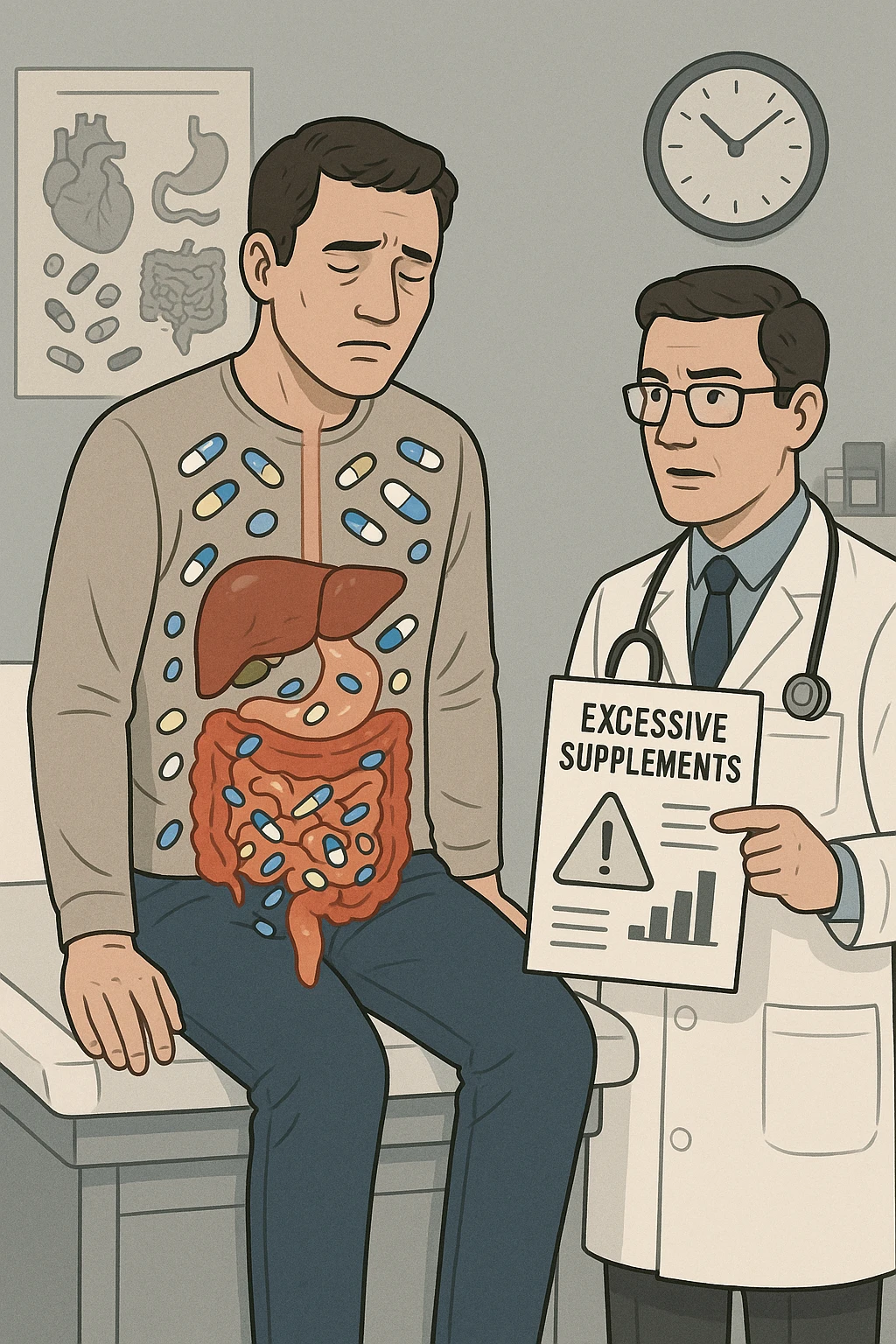 a man sits on a doctor’s examination table, looking fatigued and uncomfortable. A transparent anatomical overlay reveals his liver and intestines, both appearing inflamed and congested, with stylized supplement capsules and pills scattered throughout the digestive tract. The doctor stands nearby, holding a chart that highlights the risks of excessive supplement use. The mood is clinical and educational. emoji