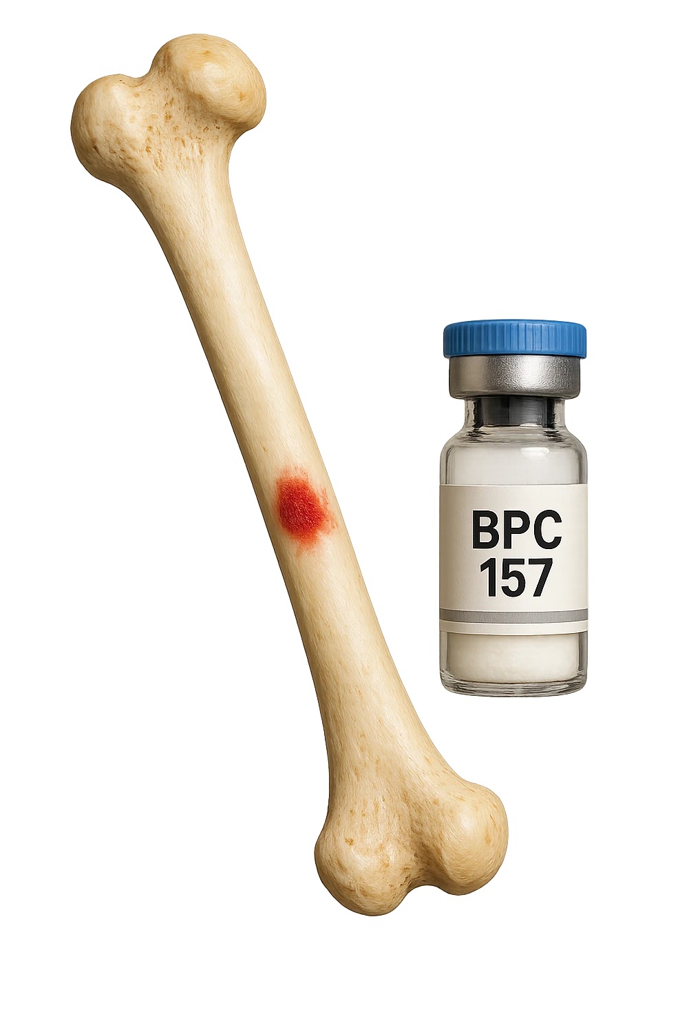 osso umano con red spot fluttua insiema a fiala medica con la scritta "BPC 157" SULL'ETICHETTA, iperrealistiche 4k emoji