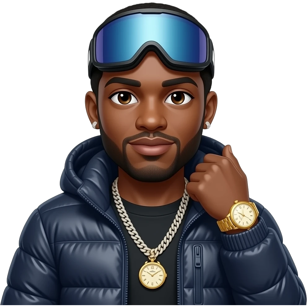 Black guy named Stackpack moncler on. Ski googles and a diamond chain that says Stackpack and gold watch emoji