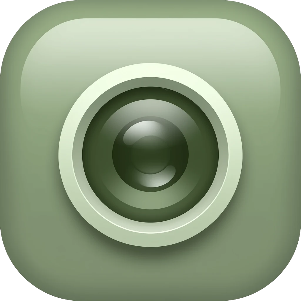 minimal camera icon, soft rounded design, modern and clean,  muted earthy palette with dark olive green, soft sage green, emoji