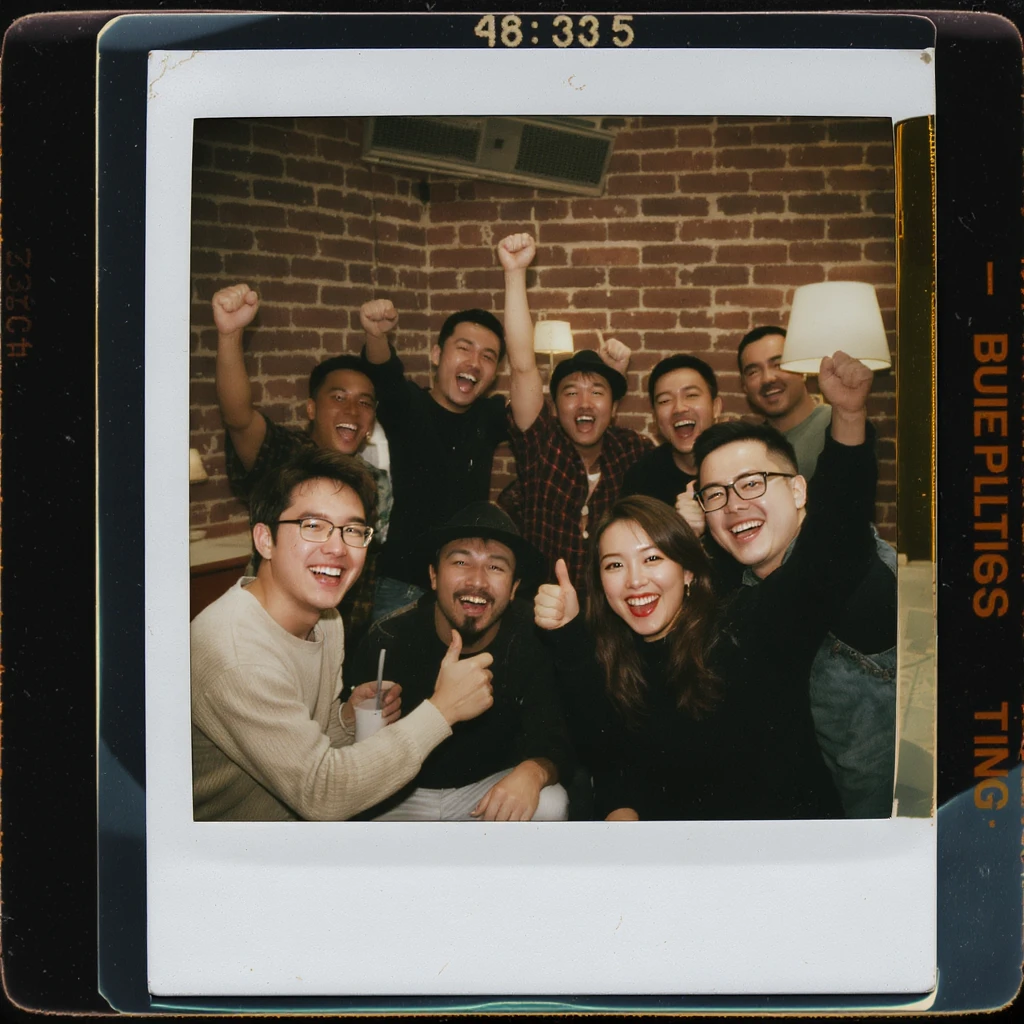 A team of eight designers and one manager, all with happy faces, celebrating a successful project emoji