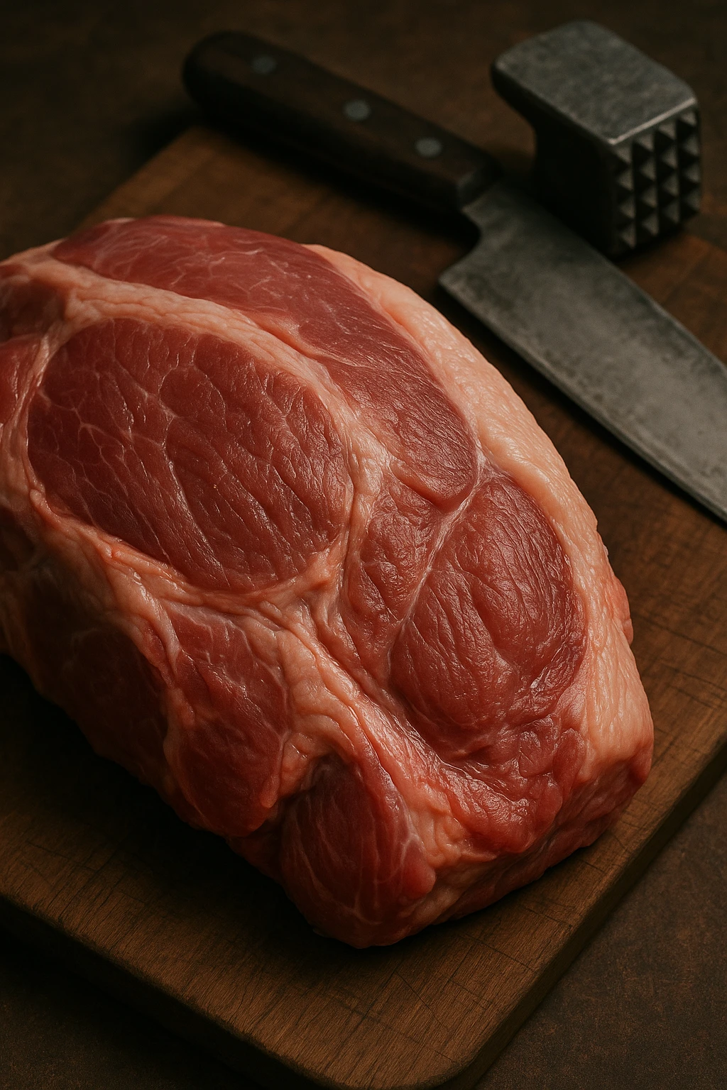 Macro fotografia di carne di maiale cruda, con dettagli che ricordano la consistenza e il colore della carne umana, posata su un tagliere di legno accanto a strumenti da cucina. Atmosfera realistica e leggermente inquietante. emoji