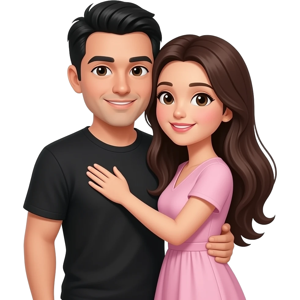 Eu e meu marido. Estou usando um vestido na cor rosa claro, tenho cabelos longos na cor castanho escuro. Meu marido tem cabelo preto e usa camiseta preta. Ele está me abraçando. emoji