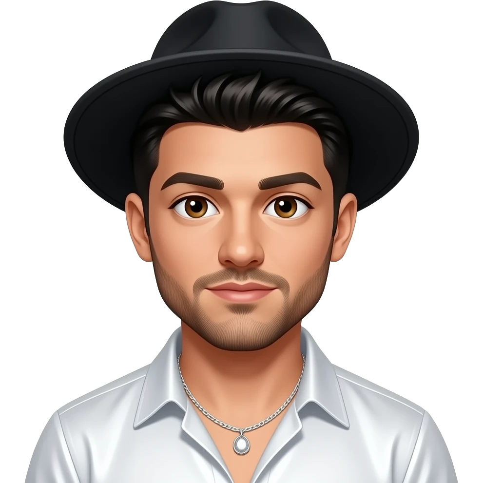 AJ McLean from Backstreet Boys with brown eyes, black 90s mohawk hair and short beard, black hat, white metallic shirt, white necklace emoji