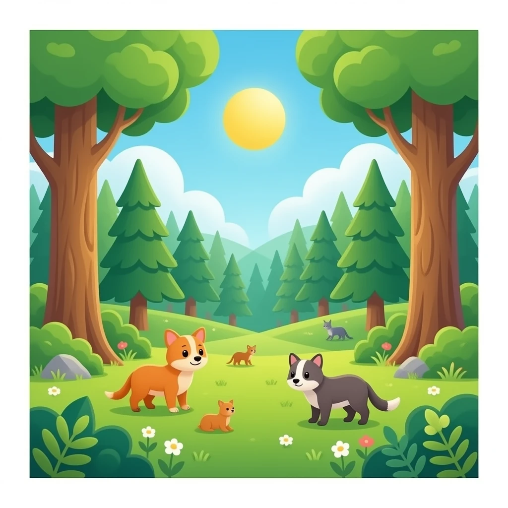 hacme un bosque maravilloso i precioso con un poco de animales emoji