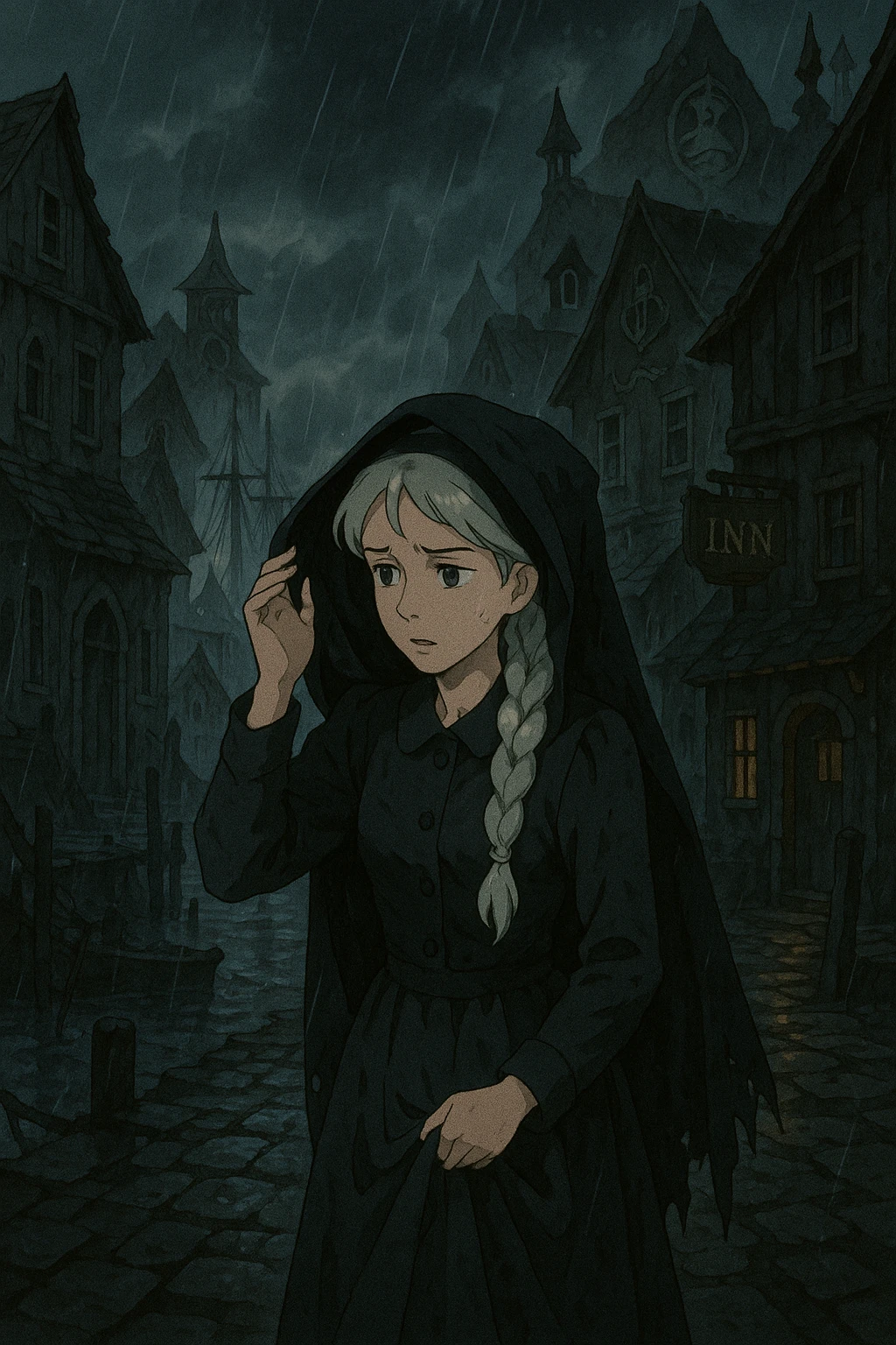 A dark port town, poverty, abandoned stormy, horror novel, innsmouth, cult of Dagon, there is 1 female with a long white braid and traditional 1930's dress clothes, dark dress, shielding herself from the rain emoji