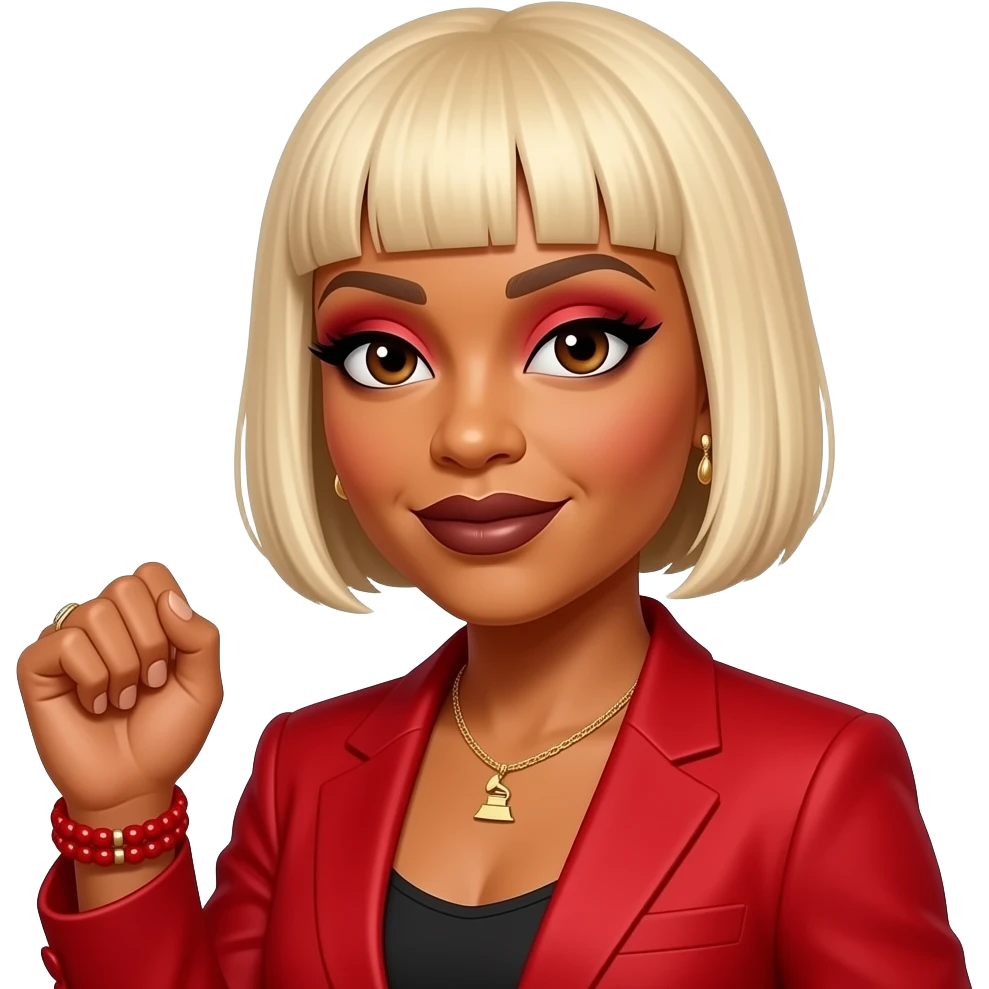 Tionne T-Boz Watkins from TLC with brown eyes, blonde micro-fringed bob hair, red eyeshadow, dark brown lipstick, red grammy suit jacket, red bralet, necklace and earrings emoji