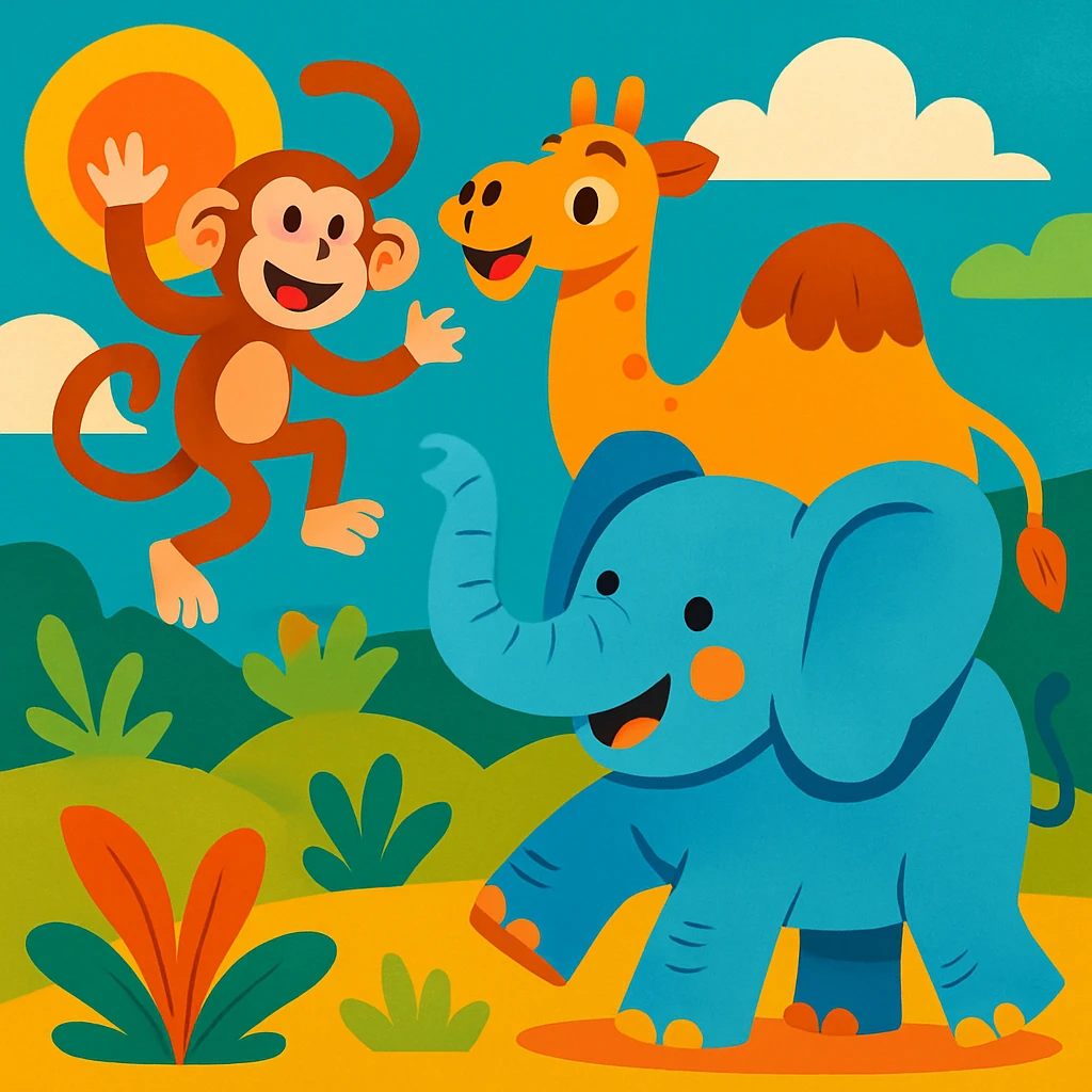 group scene with a playful monkey, whimsical camel, and joyful elephant having fun together in a vibrant cartoon style emoji