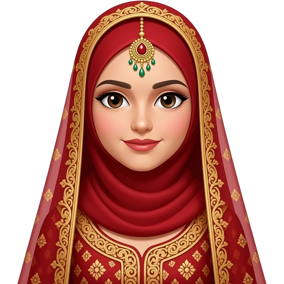 A Pakistani hijabi bride with a red and gold outfit with a red hijab on and no hair or neck showing emoji