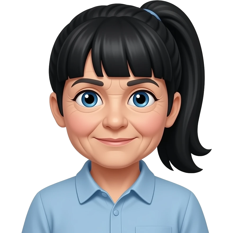 Blue eyes thick bangs ponytail black hair senior citizen 80yo emoji