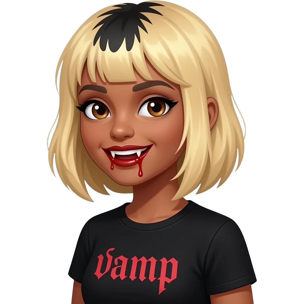 women blond medium short hair face and hair looking to the side with black roots, black skin, brown eyes, black tee shirt vamp writen on shirt, dracula teeth with blood on the fangs emoji