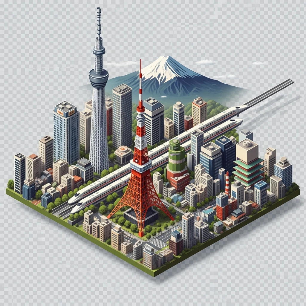 Isometric illustration of Tokyo, with photorealistic detailed miniature cityscape included Tokyo Tower, Skytree, Shibuya Crossing, Mount Fuji in background, high-speed trains, subtle 3D miniature effect and Tilt Shift effect, no cartoonish look, transparent background. emoji