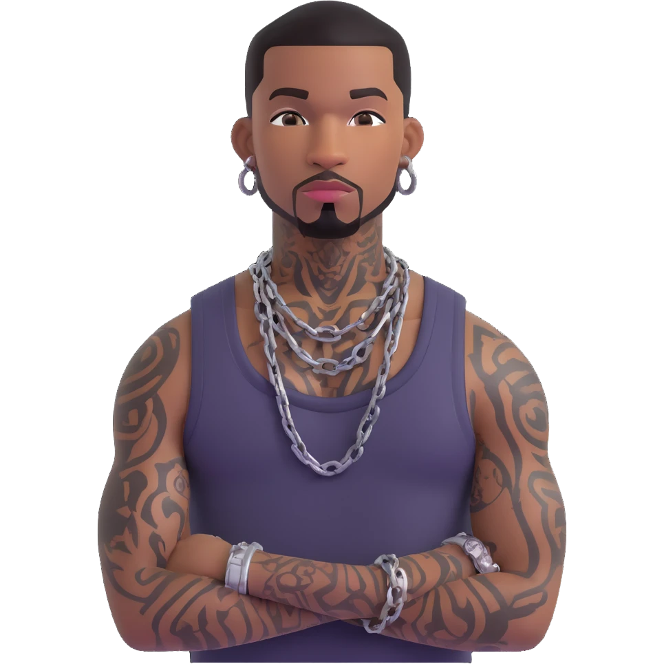black man with tattoos, chain, grills, gang member style emoji