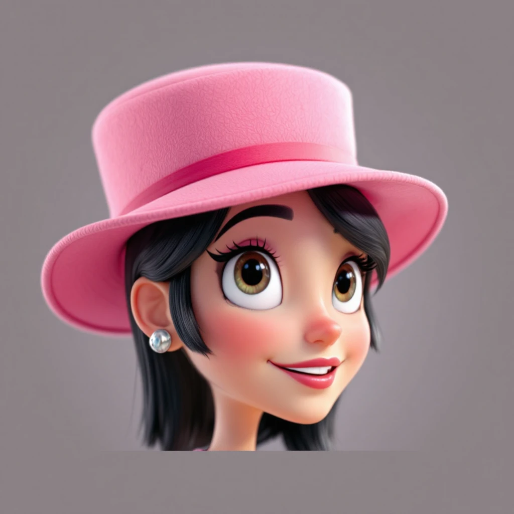 3D Disney style character with a pink hat, black hair, side glance, expressive features, and soft shading, referencing the provided image emoji