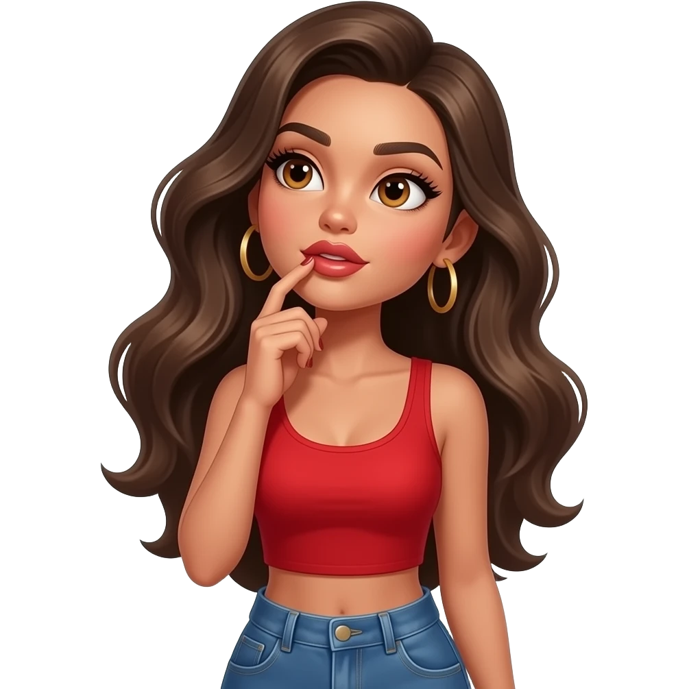 Fingers on lips and thinking looking up woman with tan glowy skin, hazel eyes almond with long lashes,, full lips, dark blonde flowing hair, delicate feminine sexy features, wearing a red crop top and blue low waist jeans, confident and femenine and glam makeup. Intense seductive look. REALISTIC emoji