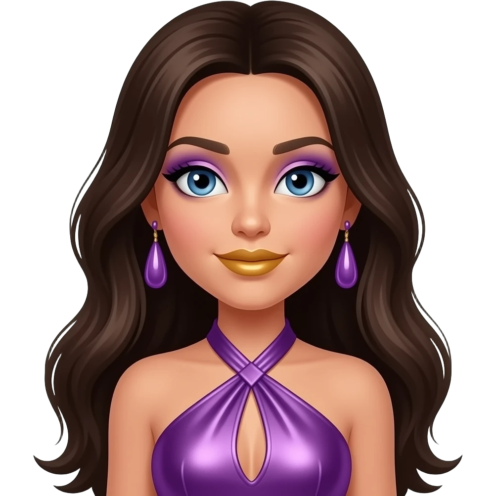 Dana from Bratz with blue eyes, long dark brown hair, purple eyeshadow, gold lipstick, purple metallic halter dress, lilac earrings emoji
