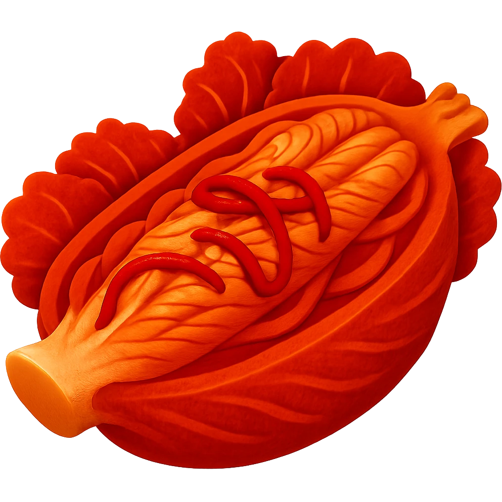 Make sure all cabbage leaves are evenly and richly coated with red chili seasoning, with no green left visible. Keep the emoji style but emphasize it more with round, simple shapes and vivid colors. No face on the cabbage. Remove the background completely. emoji