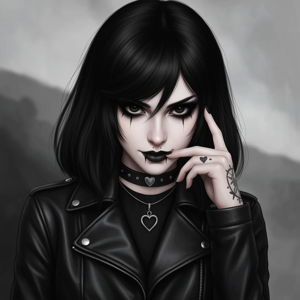 goth profile picture with a heart accent, cute, expressive, minimal, variation 3 emoji