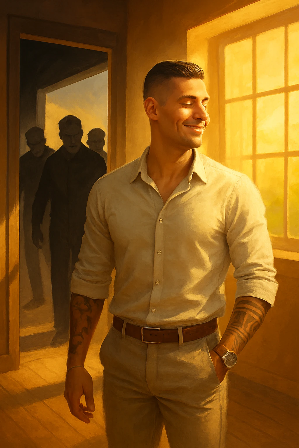 a man stands confidently in a sunlit room, facing away from a group of dark, shadowy figures with harsh or angry expressions who are walking out the door. The man’s posture is upright and relaxed, his face calm and relieved. Warm light fills the space, symbolizing his newfound peace and positivity. emoji