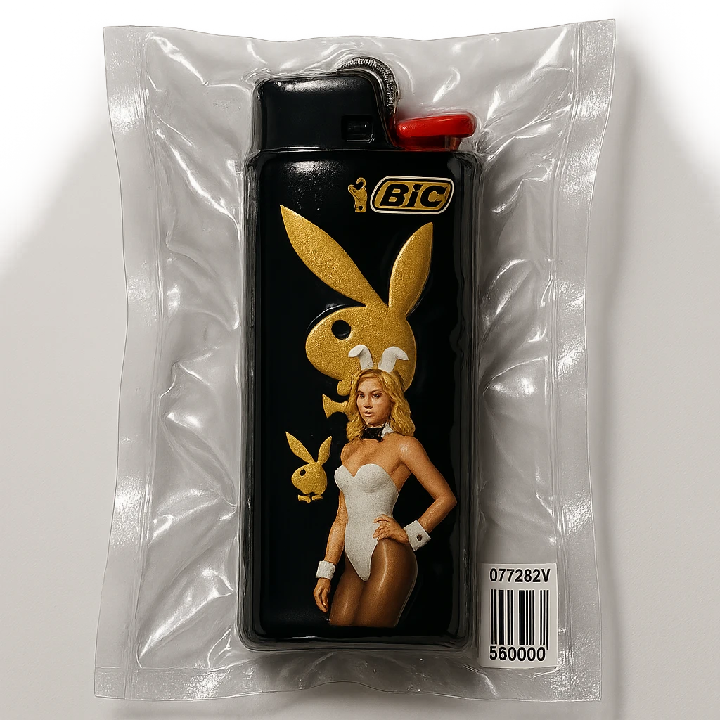 BIC lighter, glossy and puffy, with a gold Playboy Bunny logo and a model in a white bunny suit emoji