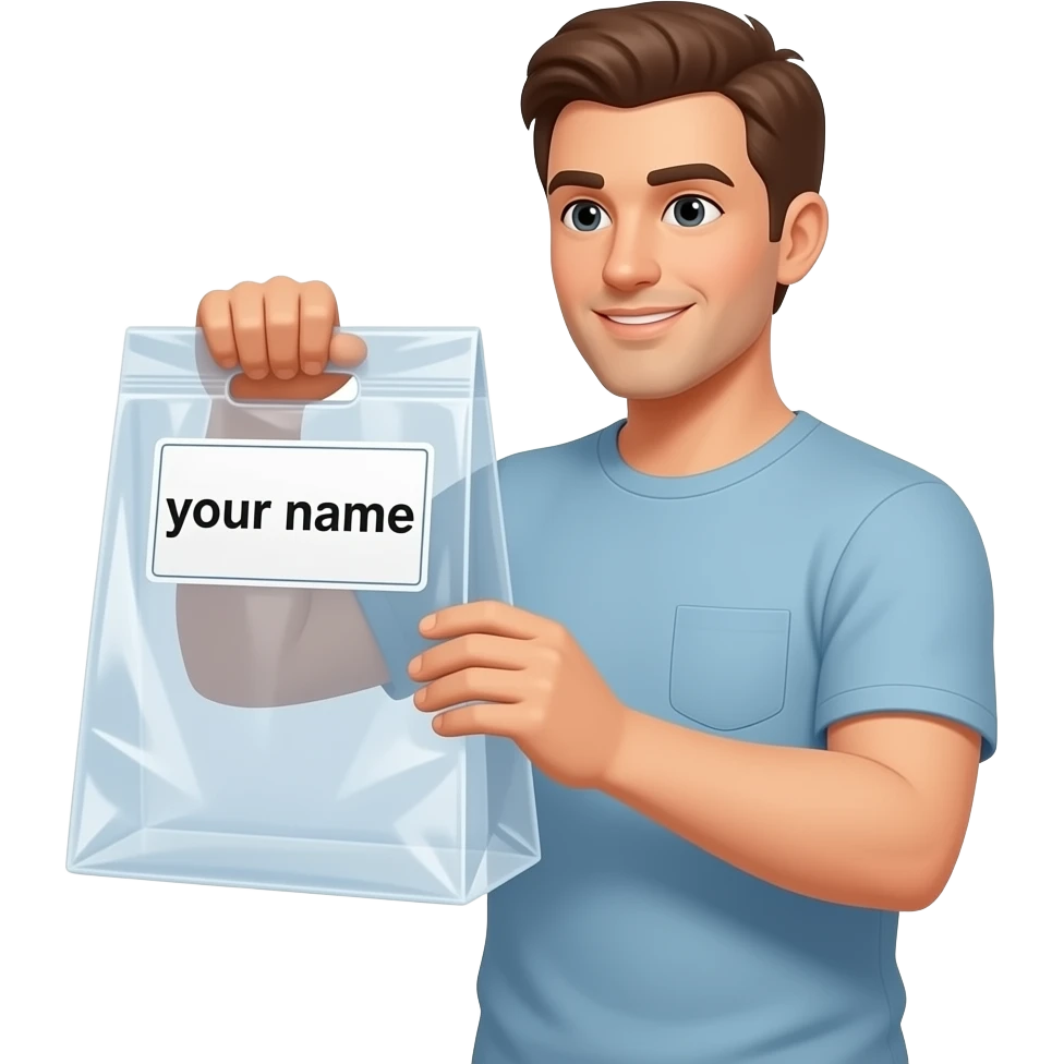 man checking name label on plastic shopping bag. informally dressed and oversized name label on bag says "your name" on it emoji